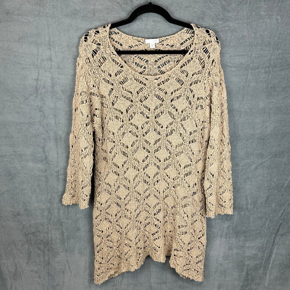 J Jill Sweater Womens Extra Large Brown Open Knit Long Sleeve Tunic Boho Beach